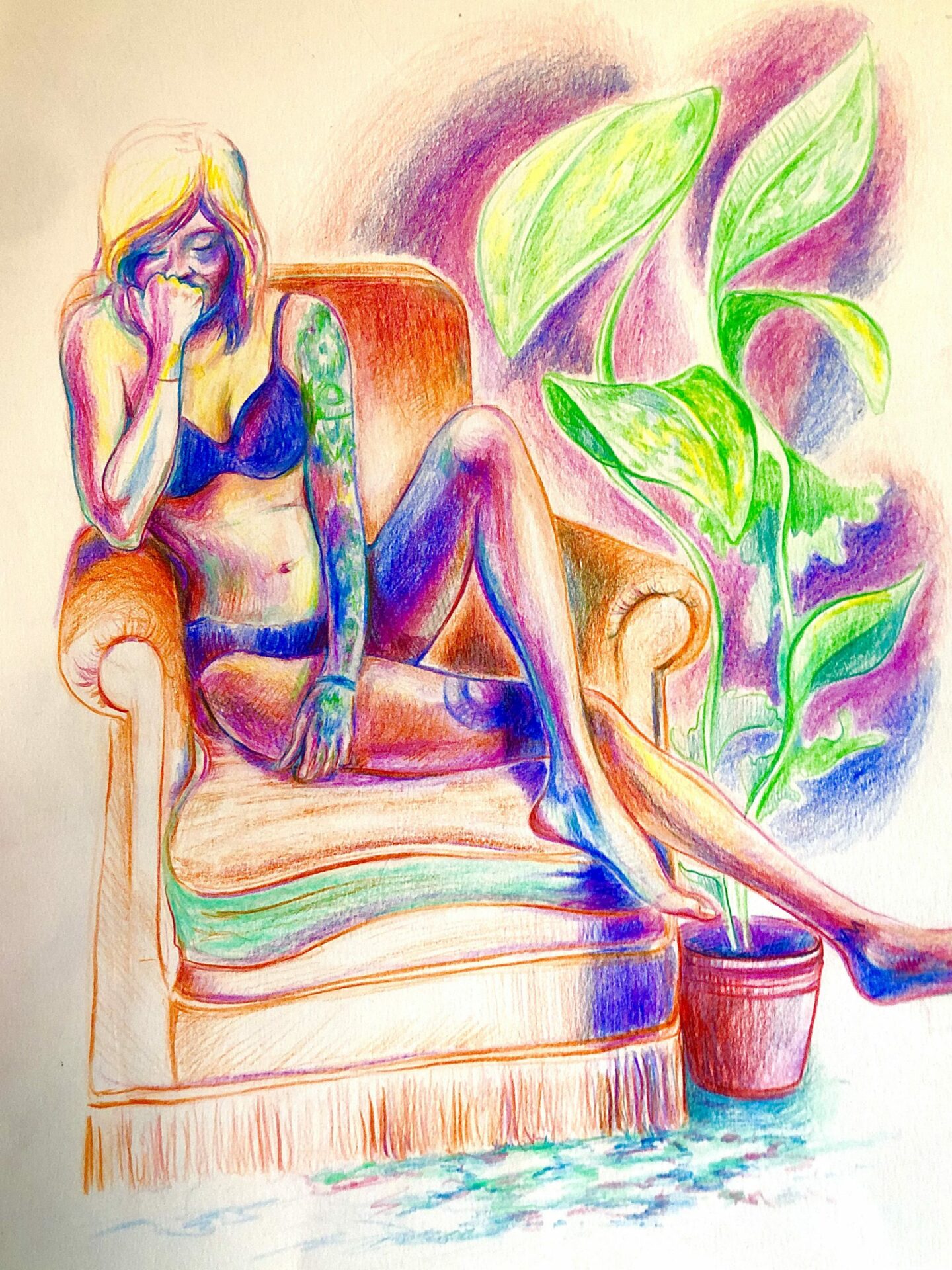 Dessin de nu fauteuil et plantes